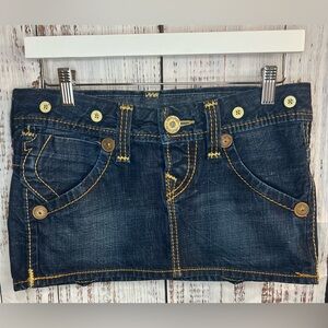 True Religion Y2K Denim Mini Skirt Size 25 Low Rise Horseshoe Pocket
